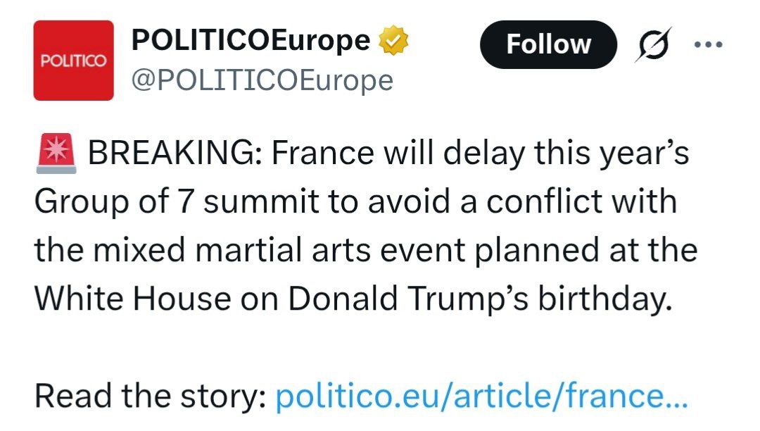 Франция отложит саммит Большой семёрки в этом году чтобы избежать совпадения с мероприятием по смешанным боевым искусствам запланированным на лужайке Белого дома в день рождения Дональда Трампа banksta