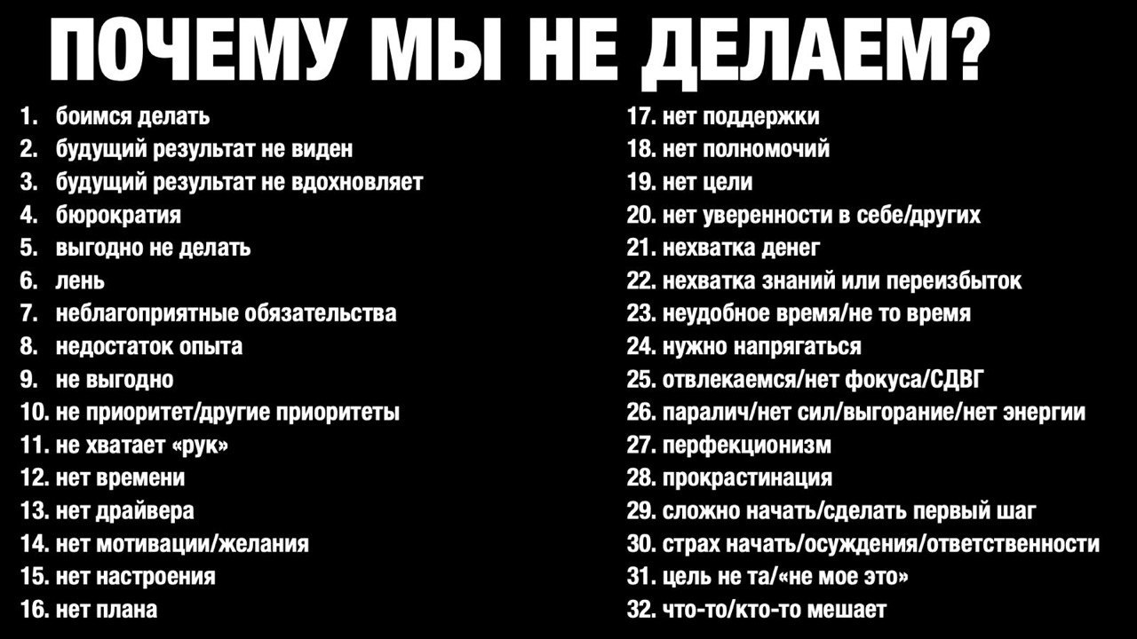 Почему мы не делаем то что действительно хотим Перед вами полный список причин Посмотрите на эту картинку Скорее всего вы найдете минимум 3 5 пунктов которые регулярно останавливают вас от запуска проекта Правда в том что лень далеко не главная причина Нас могут сдерживать страх отсутствие четкого плана выгорание или перфекционизм Если вы устали бороться с собой и откладывать жизнь на потом вебинар Почему мы не делаем и что с этим делать для вас Успейте присоединиться к мастер классу Все получится до 25 сентября и получите доступ не только к системе из 30 факторов успеха но и к практическим ответам на вопрос Почему я до сих пор не стартовал Давайте вместе разберемся как запустить процесс изменений