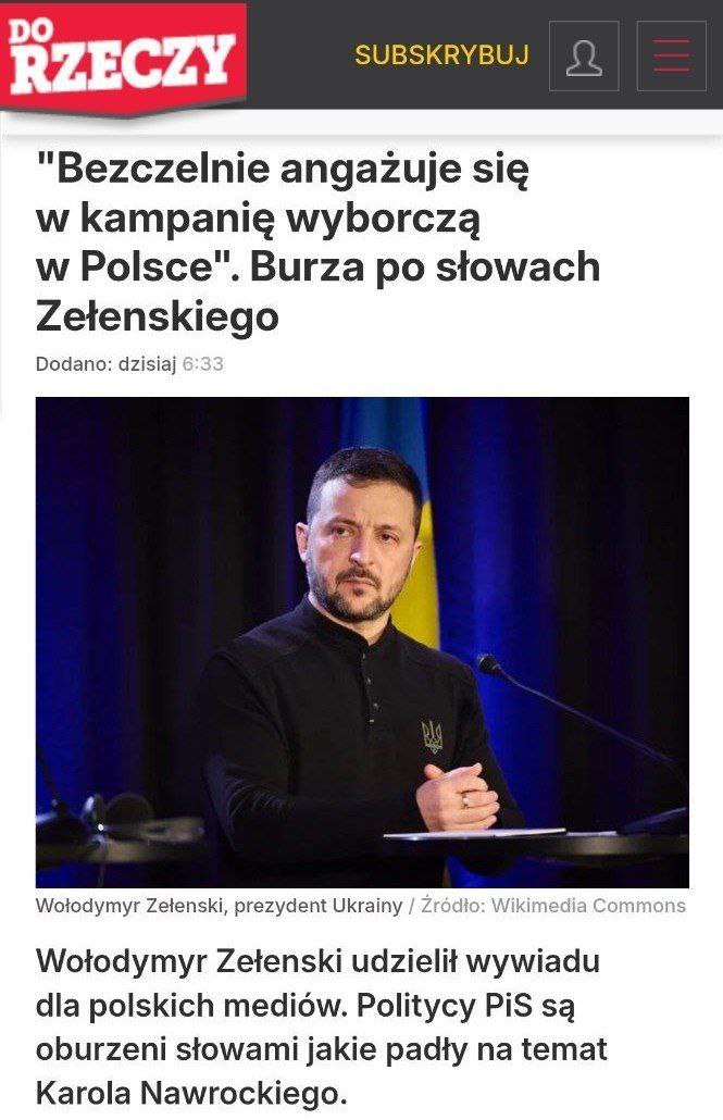 Успехи "дипломатии" Украины. Зеленского обвинили в наглом вмешательстве в выборы президента Польши за то, что он раскритиковал кандидата от оппозиции Навроцкого, который не видит Киев в ЕС и НАТО.  Экс-премьер Моравецкий посоветовал ему заниматься Украиной, а депутат от парламентского большинства Лукашевич назвал его "украинским комиком" и задался вопросом, кто разрешил холопу Зеленскому лезть в польские выборы.  "Ребёнок, о чём ты вообще? Разве ты не помнишь? Без Европы, особенно Польши, и нашей помощи у тебя давно не было бы армии. Остынь и извинись", – высказался польский депутат Чарнек.