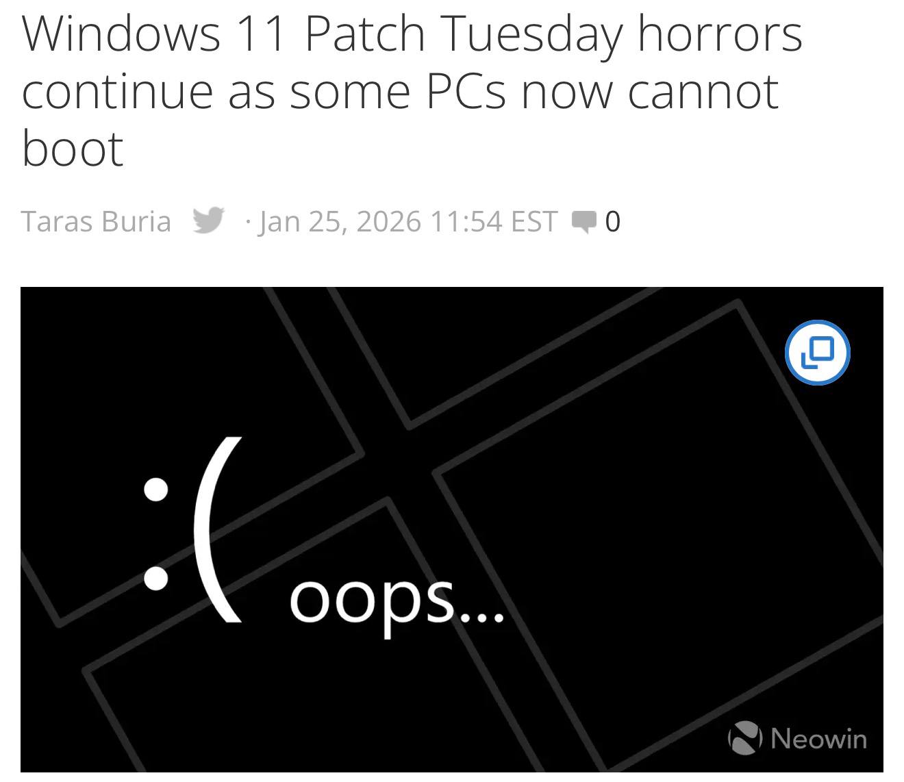Не обновляйте Windows 11 январский апдейт ломает компьютеры Microsoft официально признала проблему Пользователи жалуются что их компьютеры просто перестают загружаться Сбой появляется после установки патча KB5074109 последующих обновлений и фиксов Решение пока одно восстановление системы вручную techmedia