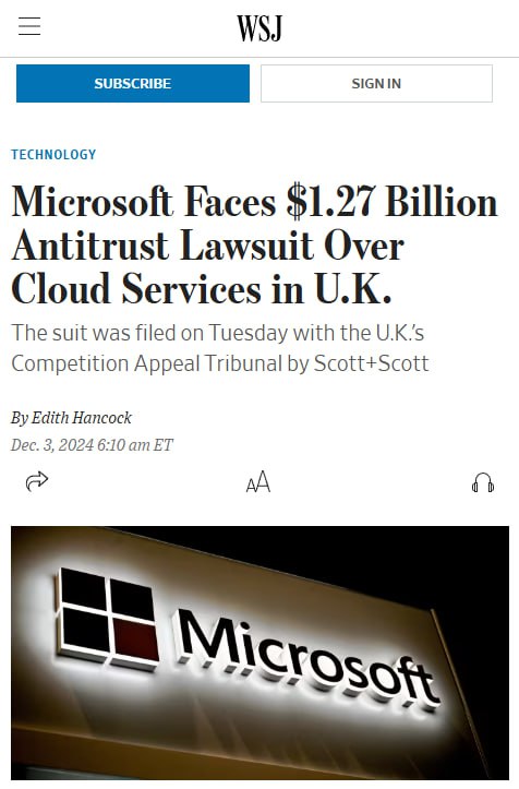 Великобритания.  Microsoft грозит штраф в £1 млрд [$1,27 млрд] из-за нарушения антимонопольного законодательства.  Компания взимает плату с клиентов, которые покупают облачные программные сервисы, конкурирующие с ее же собственным сервисом Azure.