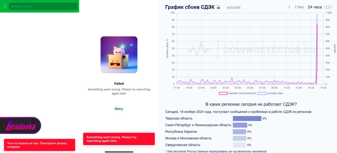 Пользователи сообщают о сбое в приложении СДЭК   Пользователи СДЭК со всей России жалуются на массовый сбой приложения доставки. Люди не  могут получить свои заказы, а страничка не погружается. Больше всего пожаловавшихся на проблему наблюдаются в Тверской, Московской и Ленинградской областях, а также в Республике Карелия.