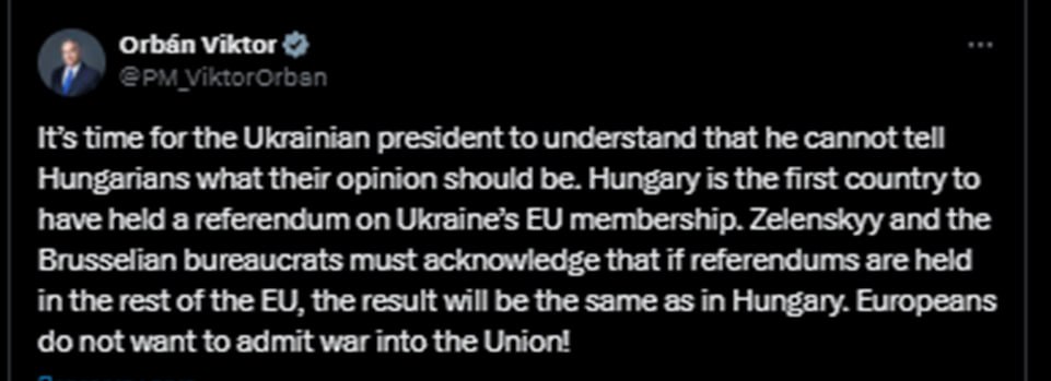 Если в странах ЕС проведут референдумы о вступлении Украины в объединение, то население выскажется против этой идеи, заявил Орбан. При этом он подчеркнул, что Зеленскому пора понять, что он не может диктовать венграм своё мнение. Подписаться Читать эксклюзив