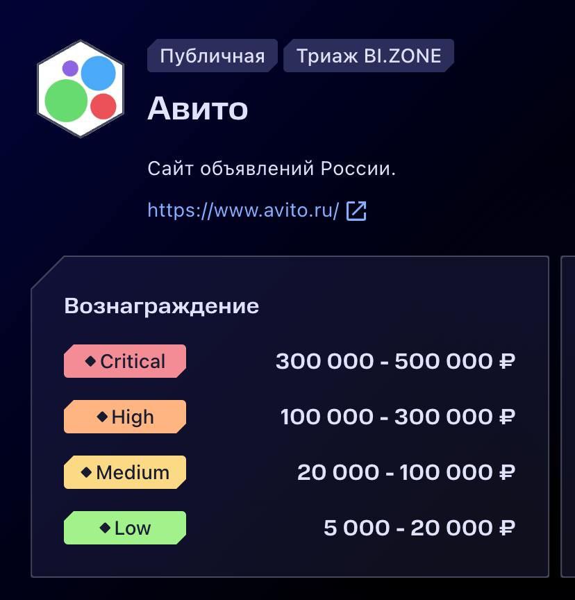 Самая популярная онлайн-платформа объявлений "Авито" увеличила максимальную награду за найденные в своих продуктах критические уязвимости до 500 тысяч рублей  Исследователи безопасности могут сделать сервисы Авито более безопасными для пользователей и заработать в рамках программы выплат на платформе BI.ZONE Bug Bounty , в том числе найдя не критическую уязвимость на сайте или приложениях Авито. Согласно заявлениям компании в 2025 году Авито планирует увеличить затраты на кибербезопасность на 50% по сравнению с 2024 годом.  Участники программы могут проверить безопасность всех мобильных и веб-приложений компании, а также любых доступных сервисов, размещенных на поддоменах  .avito.ru. Задача исследователей —  находить ошибки в коде, которые влияют на безопасность сервисов. Например, слабые места, которые позволяют получить доступ к данным пользователей, платежной информации, важным файлам или повлиять на стабильную работу сайта.