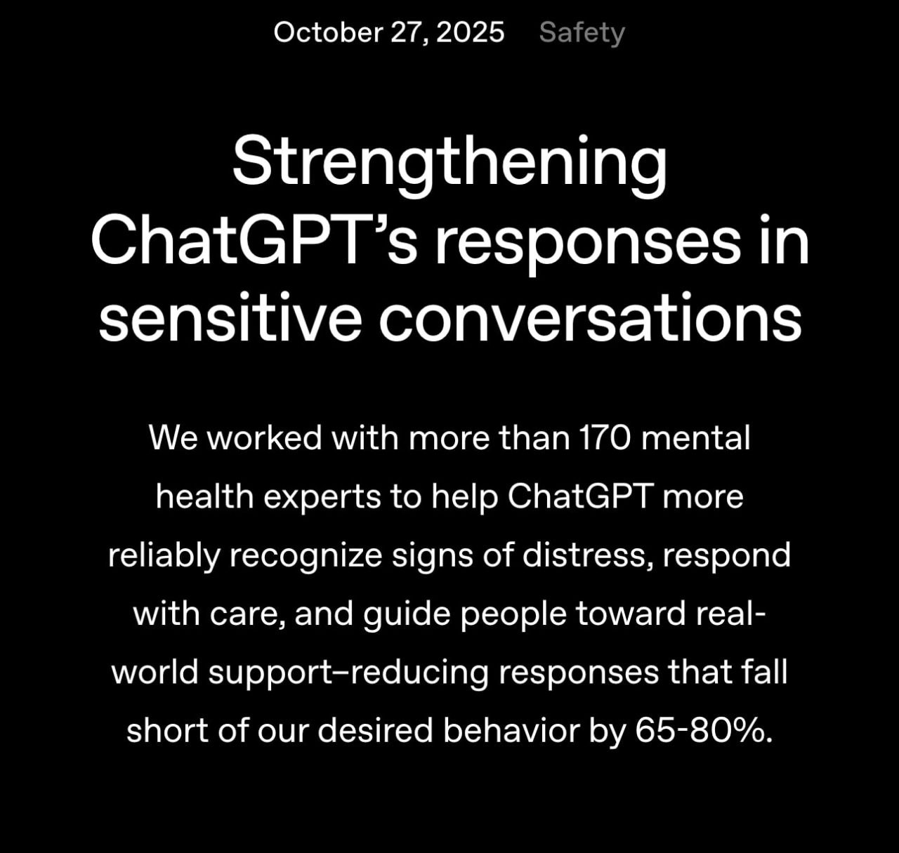 Пугающие цифры OpenAI выгрузили статистику из которой следует что каждую неделю миллион юзеров ChatGPT общается с ним о суициде Сотни тысяч людей регулярно проявляют признаки мании и психозов в общении с нейронкой а кто то привязывается к чат боту настолько что буквально влюбляется в программу Это приводит к еще большему замыканию в себе нежеланию общаться с другими людьми и в целом перекраивает восприятие и без того не очень адекватного реального мира Спецы бьют тревогу а разрабы активно шерстят и фиксят алгоритмы чат бота так чтобы он самостоятельно и точнее определял психическое и эмоциональное состояние пользователей и выдавал корректные ответы а где то и вовсе пытался помочь   Technodeus Подписаться