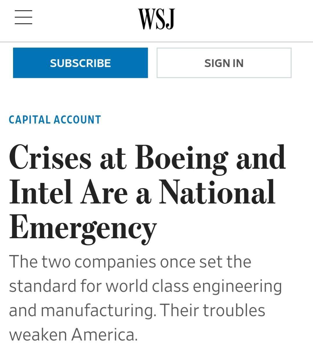 В США пишут о банкротствах национального достояния - Intel и Boeing слишком большие, чтобы дать им уйти на дно. В Вашингтоне обсуждают возможные способы спасения компаний. Кризисы в Boeing и Intel являются чрезвычайной ситуацией для экономики.