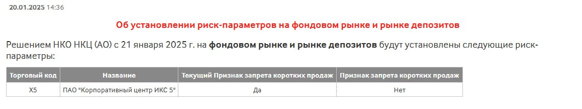 Московская биржа снимает с 21 января запрет на короткие продажи акций КЦ ИКС 5   #X5  Источник: moex