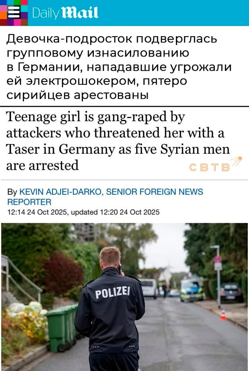 В Германии пятеро сирийцев изнасиловали девушку подростка угрожая ей электрошоком По словам старшего прокурора нападение произошло в воскресенье вечером и повлекло за собой масштабную полицейскую операцию с участием специальной оперативной группы Следствие полагает что девушку уговорили встретиться с её бывшим парнем а когда она села в его машину появились ещё трое мужчин После этого жертву увезли на квартиру и изнасиловали угрожая электрошокером После того как девушка рассказала о случившемся подруге та обратилась в полицию и вскоре в дом подозреваемых ворвался вооружённый отряд оперативной группы который арестовал четверых молодых мужчин В ходе обыска в квартире были обнаружены электрошокер и пистолет Ещё один подозреваемый впоследствии сдался полиции По данным Bild возраст преступников составляет от 17 до 26 лет Неделю назад либеральное издание Deutsche Welle написало что Германия нуждается как минимум в 1 5 миллионах дополнительных трудовых мигрантов Задонатить через бота Patreon Boosty