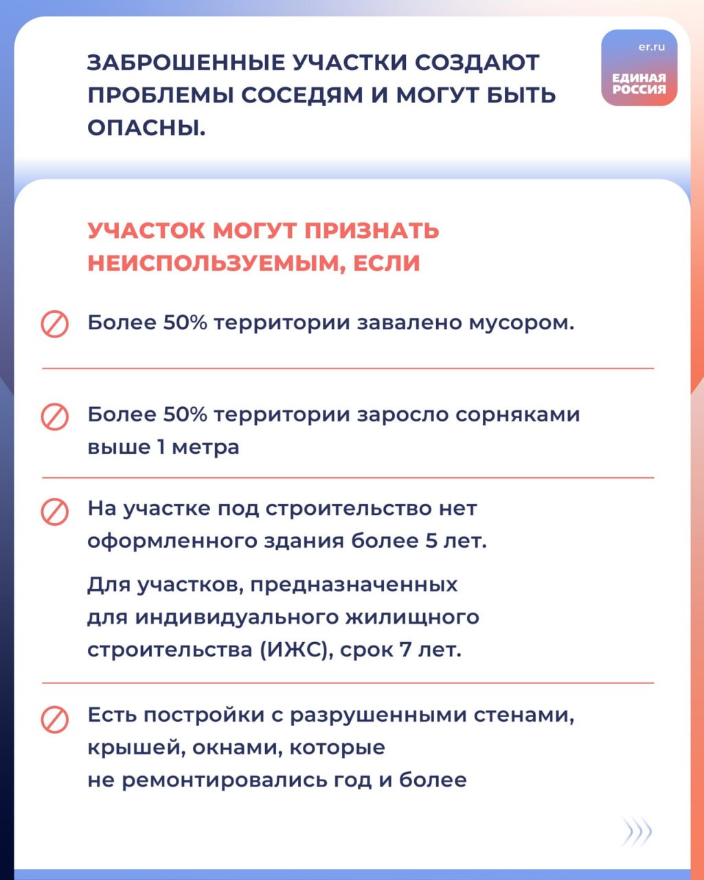Заброшенные участки создают проблемы соседям и могут быть даже опасны. По новым правилам у дачников и садоводов есть 3 года, чтобы навести порядок: убрать мусор, скосить траву, отремонтировать или снести аварийные строения. Потом можно получить штраф. В крайнем случае, если пустить ситуацию на самотек, — участок могут изъять через суд. Собрали информацию о том, в каких случаях участки могут признать неиспользуемыми. Делитесь ей с садоводами. #ЕдинаяРоссия #Полезно Телеграм ВКонтакте Дзен RuTube Одноклассники
