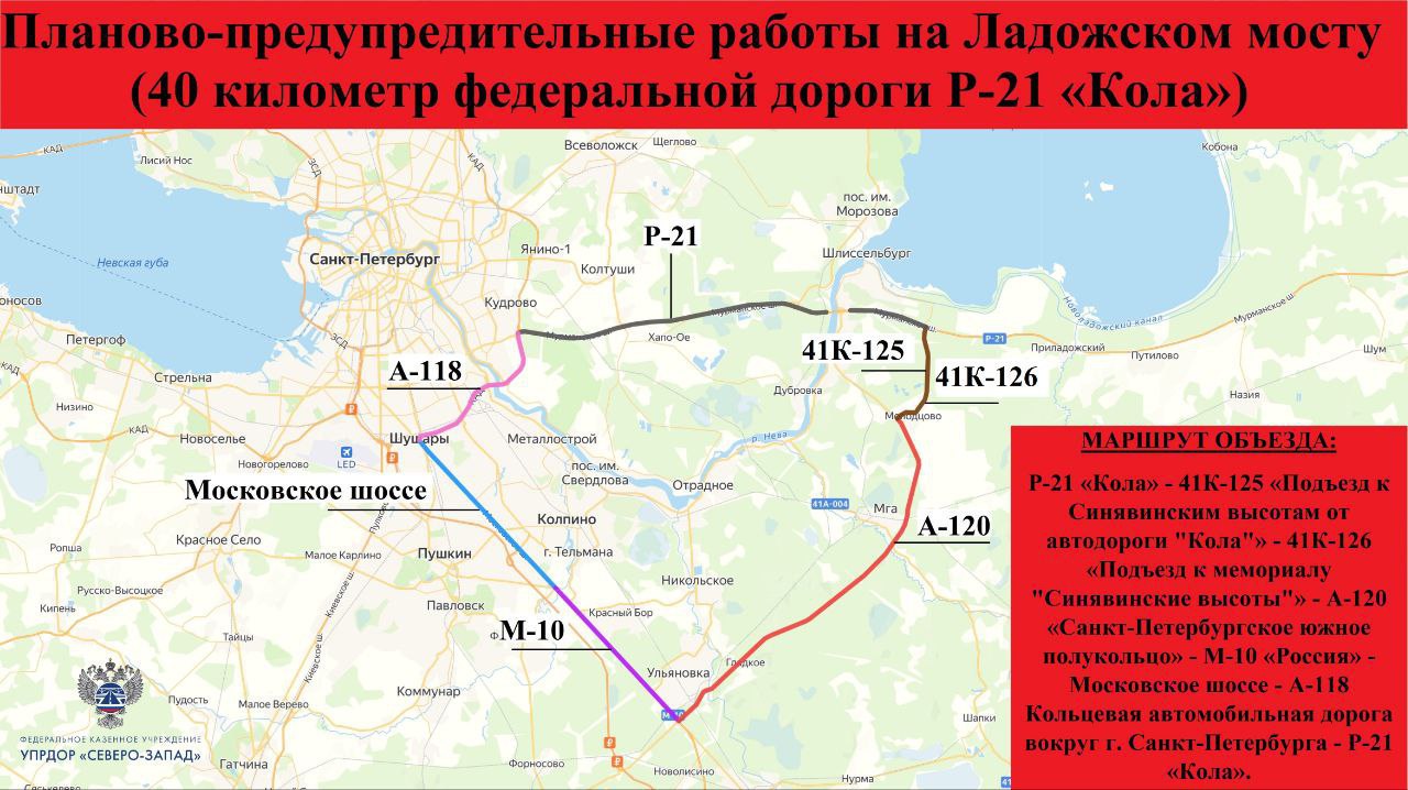 ФКУ Упрдор Северо Запад напоминает водителям о введении ограничений на Ладожском мосту в составе федеральной трассы Р 21 Кола начиная с 28 января ФКУ Упрдор Северо Запад сообщает что в связи с началом планово предупредительных работ на Ладожском мосту который расположен на 40 километре автомобильной дороги федерального значения Р 21 Кола в Кировском районе Ленинградской области в период с 28 января по 28 марта будут перекрыты для движения автомобильного транспорта две полосы движения а по оставшимся свободными для движения будет введено ограничение скоростного режима до 40 км ч Движение транспорта будет осуществляться по одной полосе в каждом направлении На дальнейших этапах планово предупредительных работ временная схема организации дорожного движения будет меняться МАРШРУТ ОБЪЕЗДА Р 21 Кола 41К 125 Подъезд к Синявинским высотам от автодороги Кола 41К 126 Подъезд к мемориалу Синявинские высоты А 120 Санкт Петербургское южное полукольцо М 10 Россия Московское шоссе А 118 Кольцевая автомобильная дорога вокруг г Санкт Петербурга Р 21 Кола Управление федеральных автомобильных дорог обращает внимание на то что работы будут производиться ниже уровня проезжей части в подмостовом пространстве в связи с чем проезжающие мимо участники дорожного движения не увидят процесс производства работ и дорожных рабочих а только временные технические средства организации дорожного движения сообщил начальник территориального ситуационного центра ФКУ Упрдор Северо Запад Илья Пузыревский Будут установлены временные дорожные знаки водоналивные барьеры ограждающие место производства работ смонтирована световая сигнализация сигнальные фонари дежурного освещения В рамках выполнения данных работ планируются мероприятия по восстановлению гидроизоляции ремонту асфальтобетонного покрытия ремонту металлических и железобетонных пролетных строений ремонту опор ремонту деформационных швов и пришовных зон Окончание планово предупредительных работ 14 сентября 2027 года ФКУ Упрдор Северо Запад приносит извинения за временные неудобства и просит учесть данную информацию при планировании маршрутов следования 03