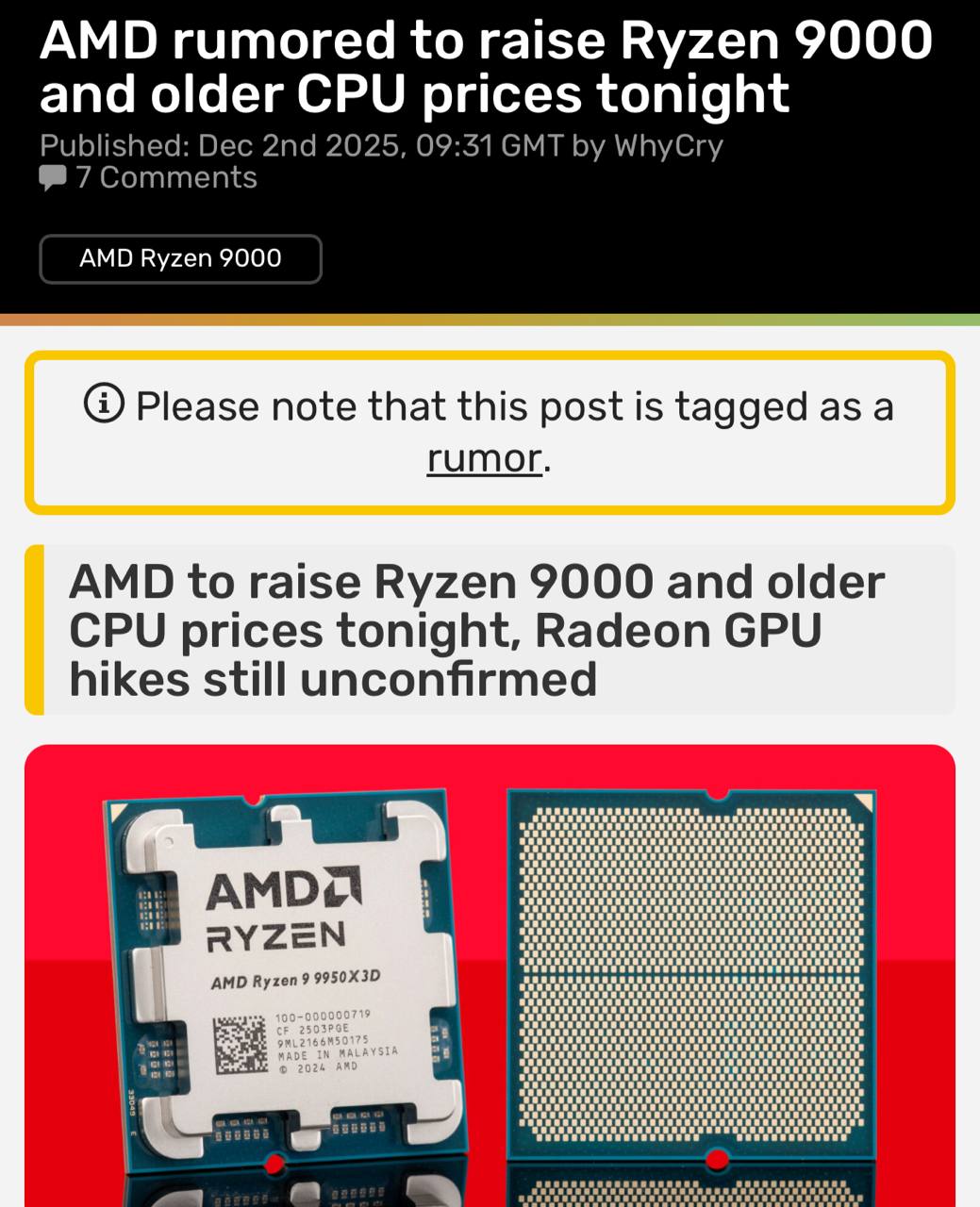 AMD поднимает цены на свои процессоры уже ЗАВТРА компания уведомила об этом своих партнёров Подорожание затронет и линейку Ryzen 9000 и более старые модели Причины компания не раскрывает но СМИ предполагают что дело не в дефиците ОЗУ или подорожании видеокарт С днём подорожаний techmedia