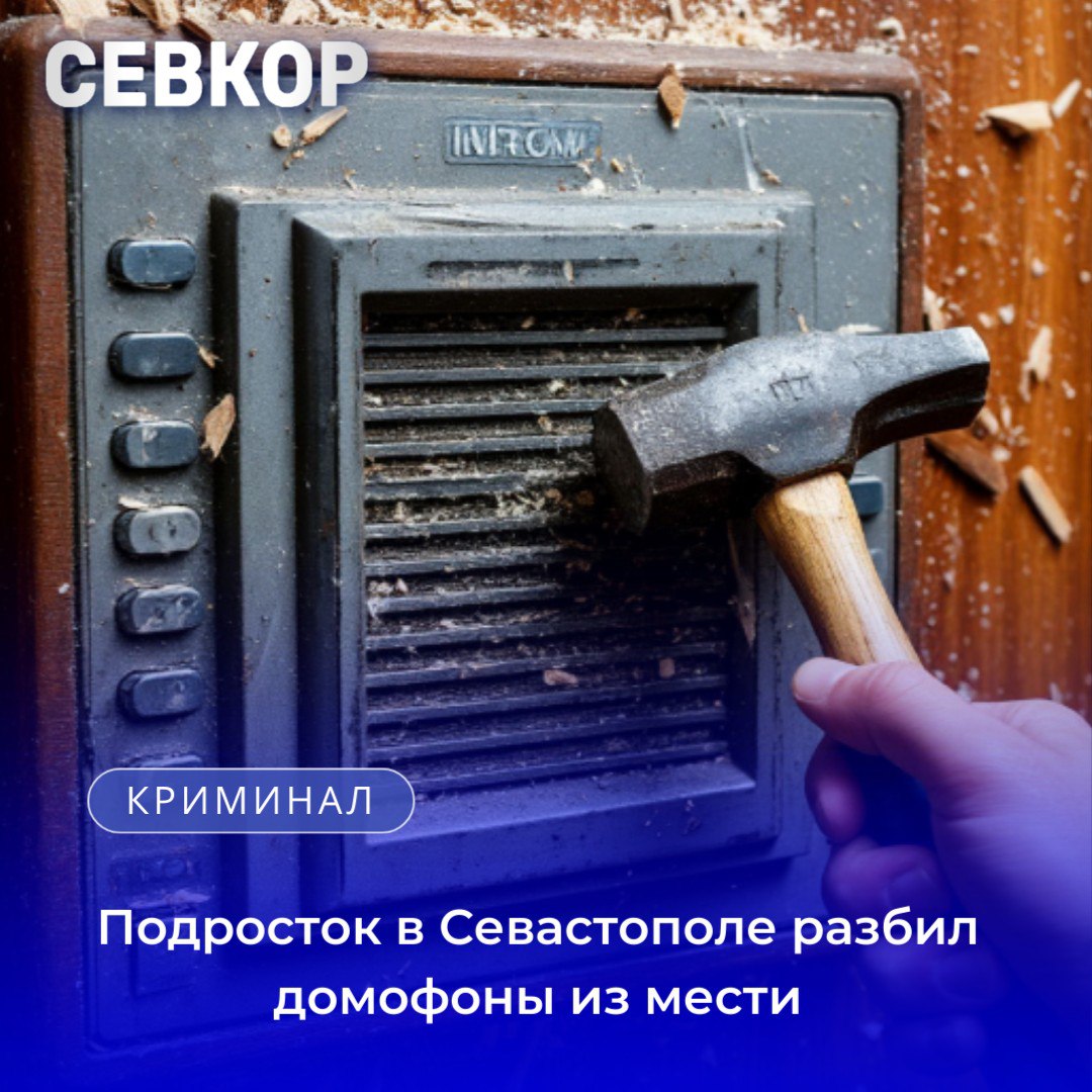 Подросток в Севастополе разбил домофоны из мести Полиция Ленинского района Севастополя установила личность 15 летнего школьника повредившего домофоны в двух многоэтажках на проспекте Генерала Острякова Несовершеннолетний состоящий на учёте за кражи и самоволки заходил в подъезды с приятелем для распространения листовок После конфликта с жильцом он взял аварийный молоток и уничтожил оборудование в соседних домах объяснив это желанием выместить злость Изъяты видеозаписи рассчитывается ущерб Проводится проверка по ст 167 УК РФ Умышленное повреждение имущества Севкор теперь в MAX Читайте Севкор