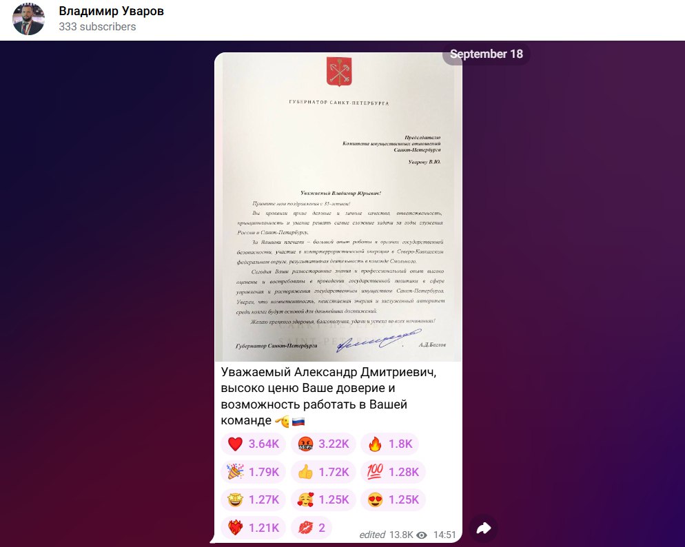 Александр Беглов поздравил чиновника пост об этом собрал 18 тысяч реакций при аудитории в 333 человека Вчера губернатор Петербурга Александр Беглов направил поздравление с днём рождения главе Комитета имущественных отношений Владимиру Уварову Пост об этом собрал около 18 тысяч реакций в telegram канале именинника несмотря на то что в нём всего 333 подписчика на момент этой публикации Об этом пишет Ротонда В соцсетях обсудили подозрительное несоответствие между количеством реакций на посте и числом подписчиков канала Согласно данным сайта TGStat публикацию пересылали 13 раз Более трёх тыс реакций негативные остальные 15 тыс позитивные сердечки огоньки и т д Пост посмотрели более 13 тыс раз при этом остальные материалы в канале редко набирают более тысячи просмотров В пресс службе Комитета рассказали что пока не понимают как это произошло Фото скриншот telegram канала Владимира Уварова