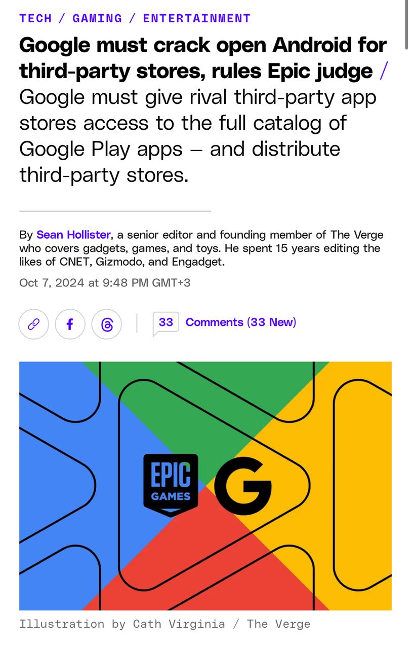 Суд США приказал Google открыть Android для сторонних магазинов — Google Play Store официально признали монополистом. Только что абсолютной победой Epic Games закончилось трехгодичное  !  судебное дело между компаниями.   Это изменит ВСЁ:  • Google обязали на три года открыть сторонним магазинам возможность выходить ПРЯМО в Google Play Store.   • Google должна перестать вставлять палки в колеса альтернативным платёжным системам — теперь МОЖНО оставлять ссылки на оплату в обход КОНСКОЙ комиссии Гугла.    Google запретили:  • Подписывать контракты за эксклюзивные релизы в Google Play Store — Sony напряглась!   • Платить разрабам за запрет релиза в других магазинах.    • Выкупать эксклюзивность Google Play Store для конкретных телефонов.  Пользователям возвращают право выбора — ура!    Бэкдор