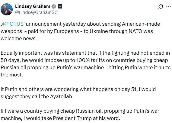 «Если Путин спрашивает, что будет на 51-й день, я бы посоветовал позвонить аятолле». Близкий к Трампу сенатор Грэм пригрозил деду судьбой Ирана, если он не прекратит войну. Но есть нюанс. В конце июня Штаты провели масштабную атаку «Томагавками» на основные ядерные объекты Ирана. А вот аналогично атаковать Москву Трамп Украине не разрешает.