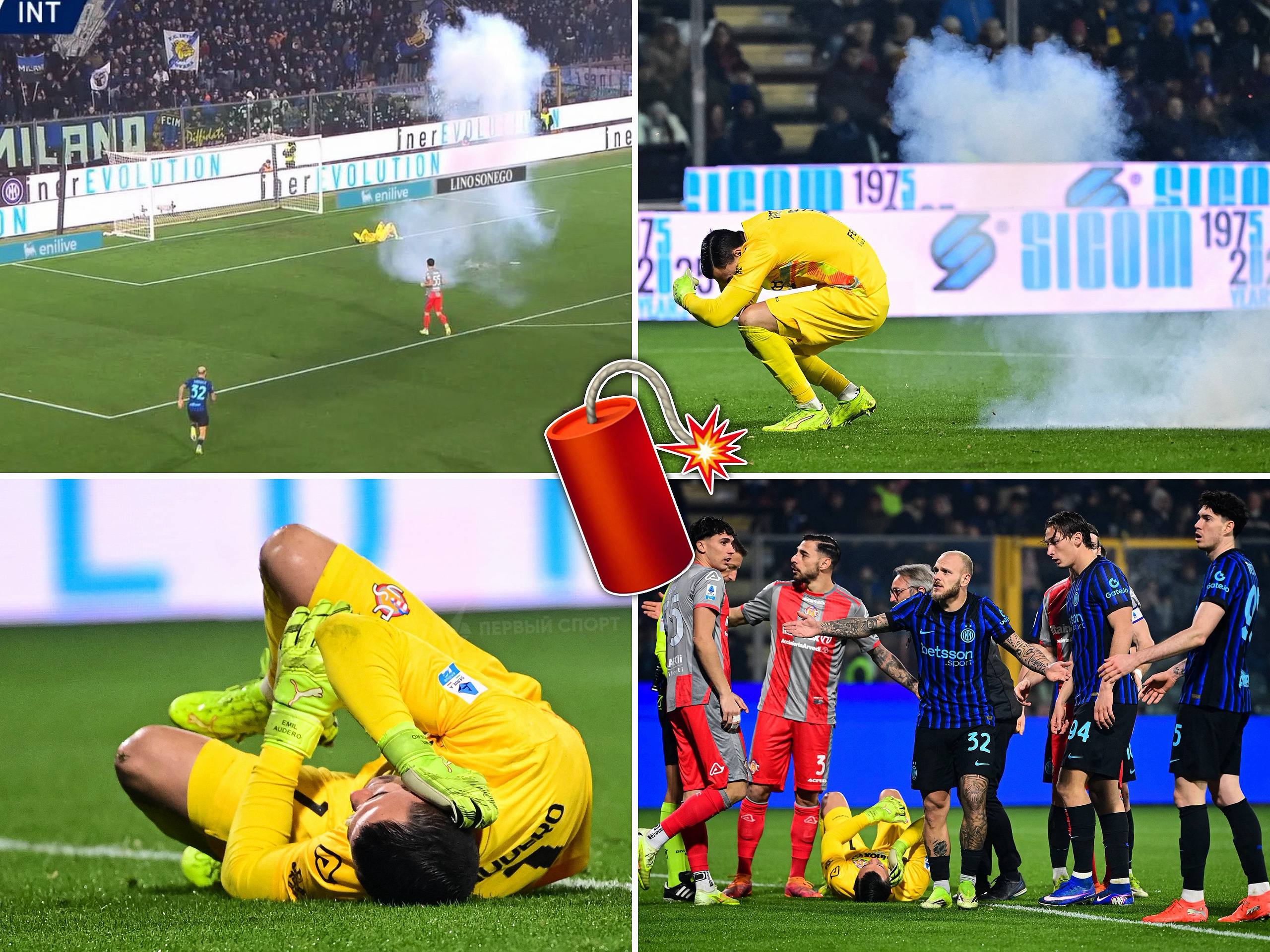 Фанаты Интера избили фаната Интера который бросил петарду во вратаря Кремонезе во время матча Серии А миланцы подумали что сейчас их команде выпишут техническое поражение и избили своего же коллегу на трибуне Вторая петарда которую этот же фанат хотел бросить на поле взорвалась у него в руках мужчина лишился трёх пальцев а после выписки из больницы его ещё и арестуют Вратарь Кремонезе Аудеро которого неделю назад забыли на стадионе Сассуоло из за взрыва петарды плохо слышит правым ухом La Gazzetta dello Sport Corriere della Sera