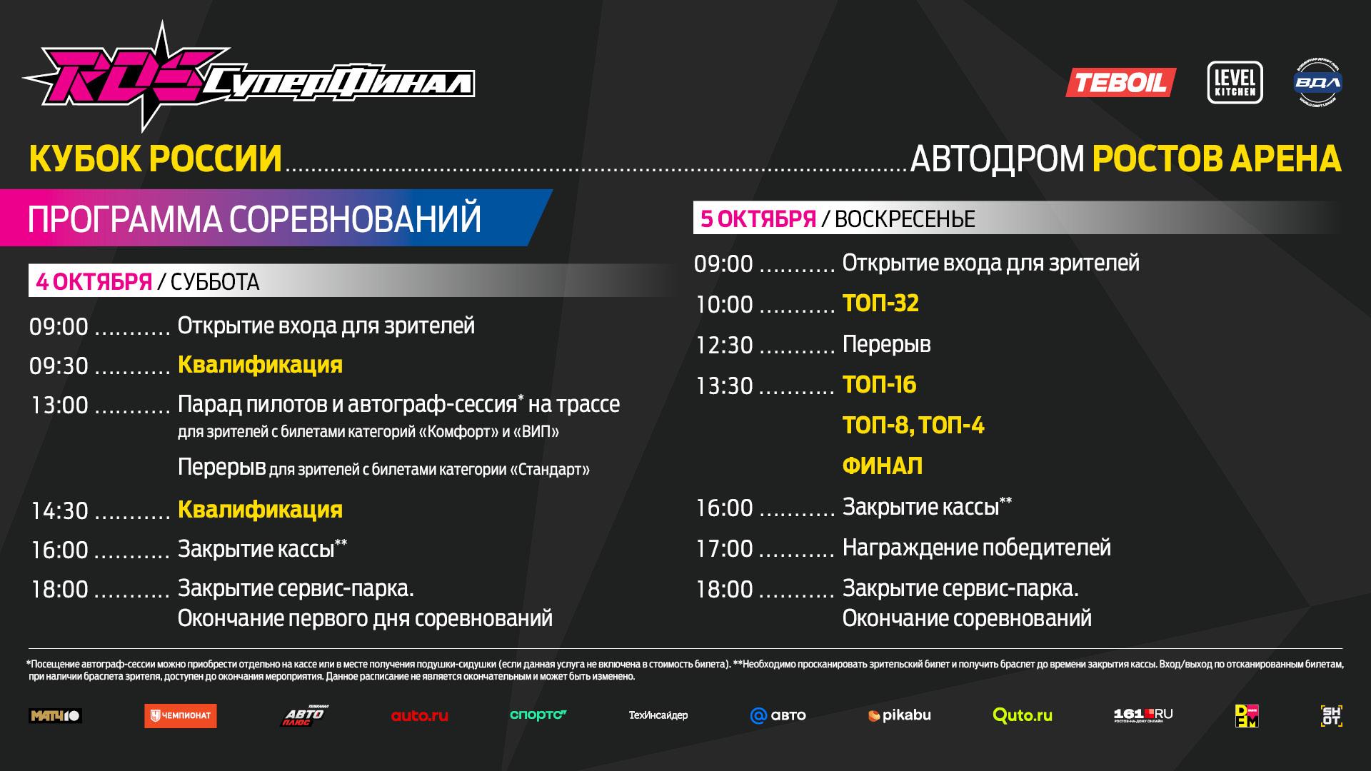 РАСПИСАНИЕ СУПЕРФИНАЛА РДС Второй в истории Кубок России по дрифту Суперфинал РДС состоится уже в эти выходные 4 5 октября пилотов RDS GP и RDS OPEN примет на своей территории Ростов Арена в Ростове на Дону В субботу пройдут квалификационные заезды в воскресенье все парные Список участников можно найти тут   Не пропустите финальное мероприятие РДС в летнем сезоне 2025 Присоединяйтесь к нам на трибунах или смотрите прямую трансляцию на RDS TV Титульный спонсор Кубка России Суперфинал РДС TEBOIL TEBOIL международный бренд с почти вековой историей представляющий в России сеть современных автозаправочных станций и широкий ассортимент смазочных материалов Бренд известен автолюбителям благодаря высокому качеству своей продукции и строгому соответствию международным стандартам Официальный здоровый спонсор Level Kitchen