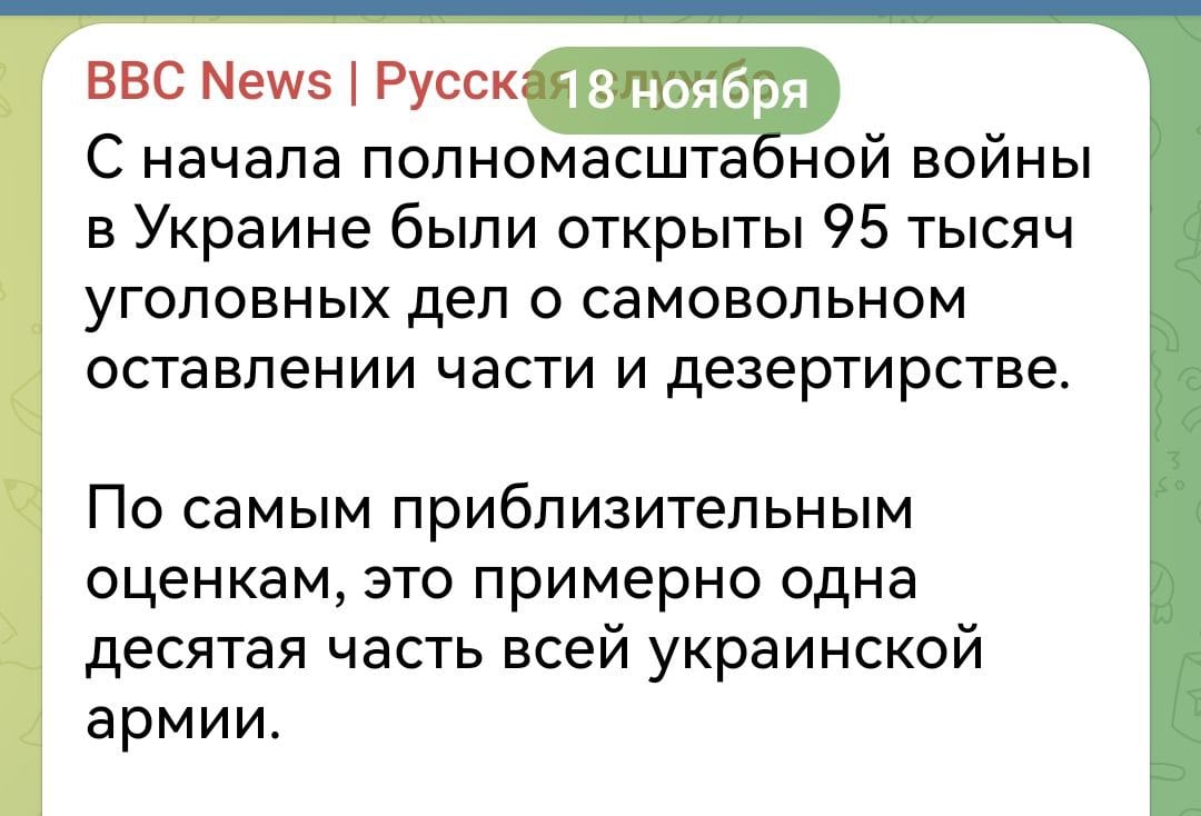 95 тысяч уголовных дел о дезертирстве из ВСУ открыто на Украине.  Это никак не меньше 15 полновесных бригад.