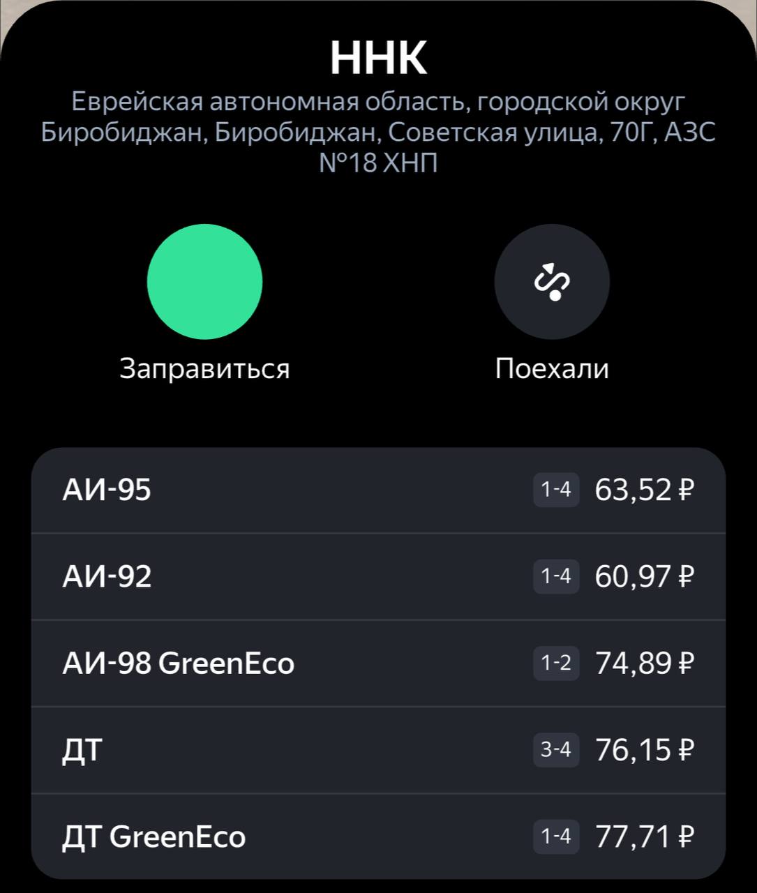 Топливо снова подорожало в Биробиджане Сегодня мы стали свидетелями нового повышения цен на топливо. По данным сервиса «Яндекс.Заправки», на АЗС сети ННК в настоящее время цена на бензин АИ-95 достигла 63,52 рубля за литр, увеличившись сразу на 90 копеек. А вот АИ-92 подорожал на 1,04 рубля. Итого стоимость литра составляет 60,97 рубля. Что скажете? Все НОВОСТИ ЕАО в одном месте жми Прислать новость