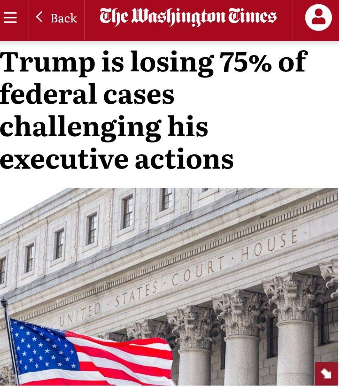 The Washington Post: Трамп терпит поражения в 75% судебных разбирательств За первые полгода президентства администрация Дональда Трампа столкнулась с беспрецедентным числом судебных исков — около 500, или почти 4 в день. Три из четырёх оспоренных президентских указов были отменены федеральными судами. Как отмечает издание, суды столкнулись с уникальными юридическими дилеммами, вызванными нетрадиционным подходом Трампа к управлению: «Его агрессивная программа, подкреплённая новыми правовыми аргументами, продолжает ставить судей в тупик».