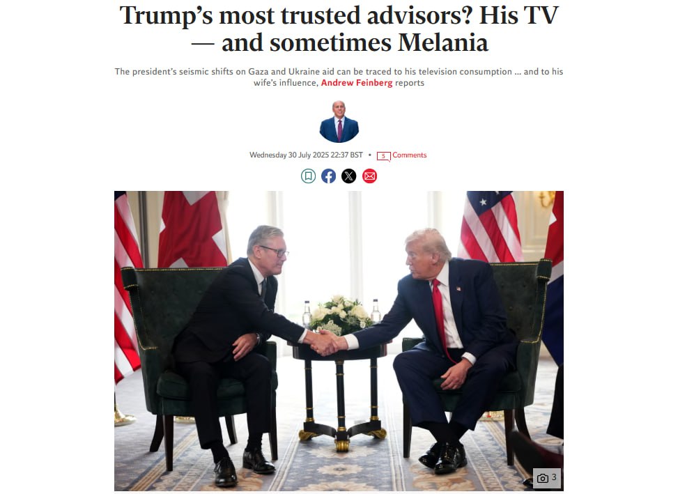 Телевизор и Мелания повлияли на изменение позиции Трампа по России Издание The Independent со ссылкой на источник в администрации американского президента утверждает, что Трамп принимает решения на основе того, что, по его мнению, является наиболее достоверной информацией, доступной ему в данный момент. По его словам, кадры, показанные по телевидению, свидетельствует о том, что он заботится о защите детей. Источник, близкий к президенту США, также призвал не недооценивать влияние его супруги Мелании. Трамп сам признавал, что она повлияла на принятие им решений по украинскому и палестино-израильскому конфликтам.
