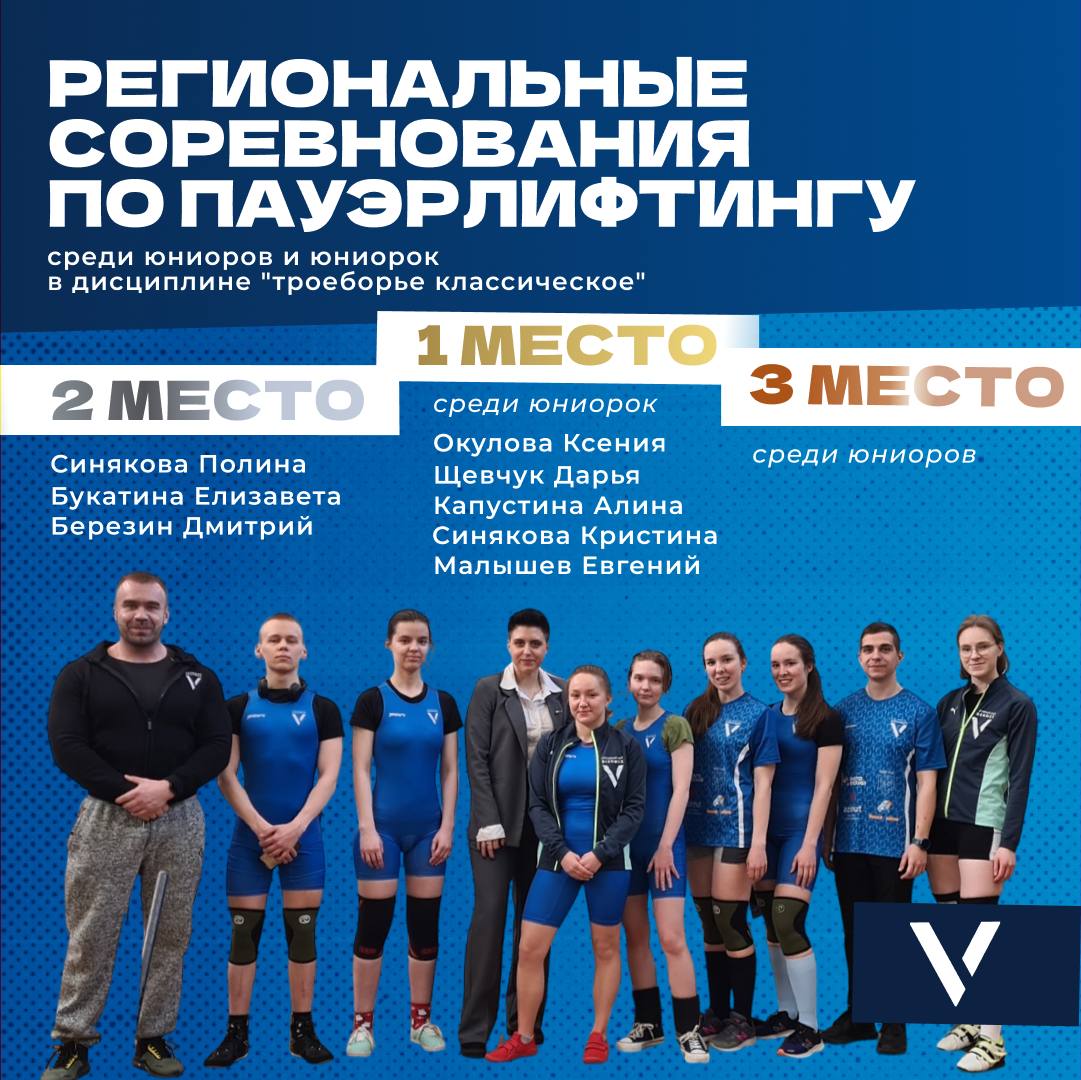 26 апреля в Подростково-молодежном клубе «Нева» проходили региональные соревнования по пауэрлифтингу среди юниоров и юниорок в дисциплине «троеборье классическое» Команда ВОЕНМЕХ заняла 1 место среди юниорок и 3 место среди юниоров. В личном зачёте призовые места заняли: Окулова Ксения - в весовой категории до 47 кг. Щевчук Дарья - в весовой категории до 52 кг. Капустина Алина - в весовой категории до 57 кг. Синякова Кристина - в весовой категории до 63 кг. Синякова Полина - в весовой категории до 63 кг. Букатина Елизавета - в весовой категории до 69 кг. Малышев Евгений - в весовой категории до 59 кг. Березин Дмитрий - в весовой категории до 83 кг. Поздравляем спортсменов с новыми достижениями