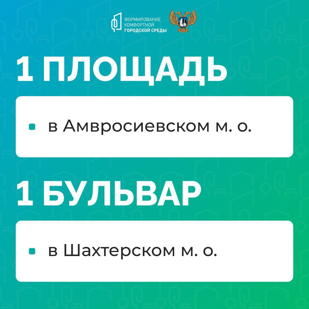 На территории Республики до конца текущего года будет благоустроено 24 общественные территории в 17 муниципальных образованиях. Эти работы проводятся в рамках федерального проекта «Формирование комфортной городской среды», который направлен на создание современного и удобного облика городов.  В рамках проекта планируется благоустроить:   5 парков   8 детских площадок   6 скверов   3 дворовые территории   1 площадь   1 бульвар  Подробнее в карточках    В настоящее время близятся к завершению работы по благоустройству детской площадки в селе Кузнецово-Михайловка Тельмановского муниципального округа, второго этапа работ в сквере «Строитель» Калининского района Донецка и благоустройства придомовой территории в Харцызске. Процент выполнения работ на этих территориях составляет более 70%.   Работы по благоустройству продолжаются и в остальных населенных пунктах. Федеральный проект «Формирование комфортной городской среды» реализуется в рамках национального проекта «Жилье и городская среда». Он направлен на создание нового облика городов с качественной и комфортной средой для жизни.   Выбор объектов для благоустройства осуществляется через голосование, в котором могут участвовать жители муниципалитетов старше 14 лет. Предполагается, что благодаря повсеместной реализации программы к 2030 году уровень качества городской среды увеличится в 1,5 раза.   Для получения дополнительной информации о проекте и текущих работах можно обратиться в местные администрации или на официальный сайт проекта.  Минстрой ДНР