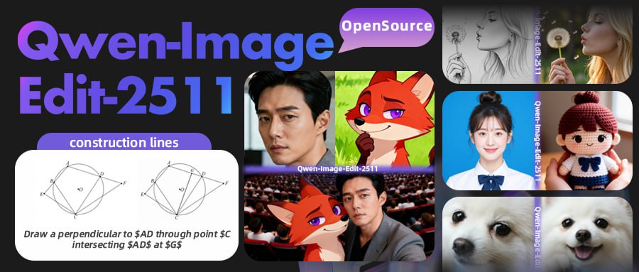 Alibaba обновила модель для редактирования картинок Qwen Image Edit 2511 Что улучшили по сравнению с прошлой версией сохраняются черты лица и идентичность человека без плывущих лиц стабильнее обрабатываются сцены с несколькими людьми и объектами аккуратнее держит форму и пропорции объектов что важно для продуктового и технического дизайна LoRA эффекты встроены в базовую модель свет ракурс стилистические вариации без дообучения модель полностью опенсорс Apache 2 0 а значит можно свободно использовать ее без лицензионных ограничений Пользователь загружает одно или несколько изображений и задаёт правку текстом Модель вносит изменения сохраняя композицию стиль и ключевые элементы сцены Отдельный плюс поддержка оптимизаций для ускоренного инференса через сторонние инструменты LightX2V Quantization и др что делает модель более пригодной для продакшн кейсов Свежак