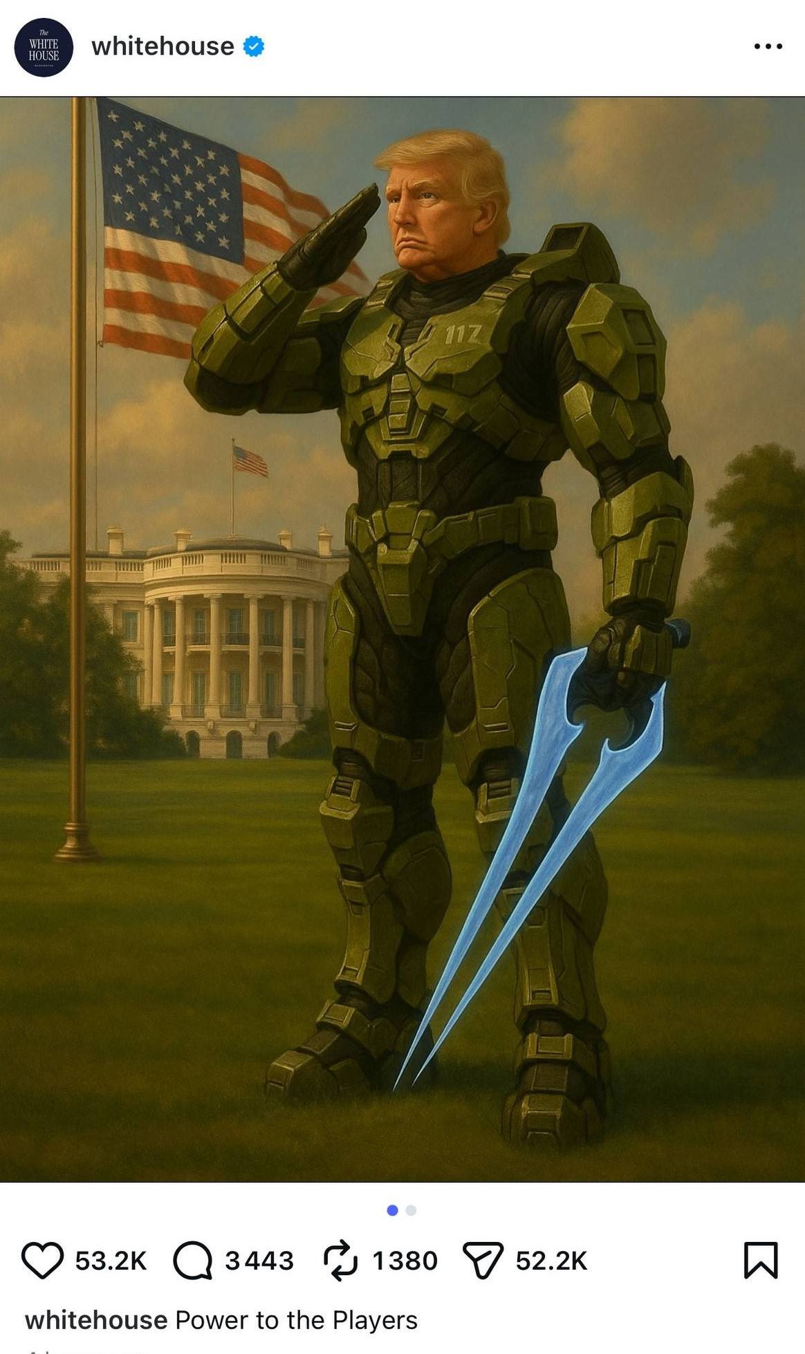 Консольные войны окончены После анонса Halo Campaign Evolved для PS5 GameStop в шутку объявил о конце консольных войн Даже Белый дом подхватил мем Трампа показали в костюме Мастера Чифа Игра выйдет в 2026 году на PS5 Xbox Series и ПК с кроссплеем Epic Games Store