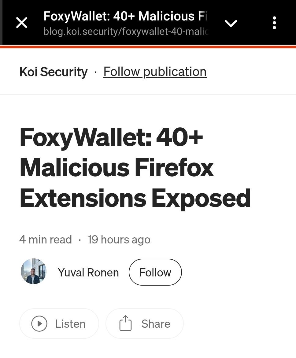 В Firefox обнаружили более 40 вредоносных расширений, маскирующихся под известные криптокошельки  Среди них: MetaMask, Trust Wallet, Phantom, Coinbase, Exodus, OKX и другие.  Они крадут приватные ключи прямо с сайтов, передают данные на серверы злоумышленников и визуально неотличимы от оригиналов. Источник