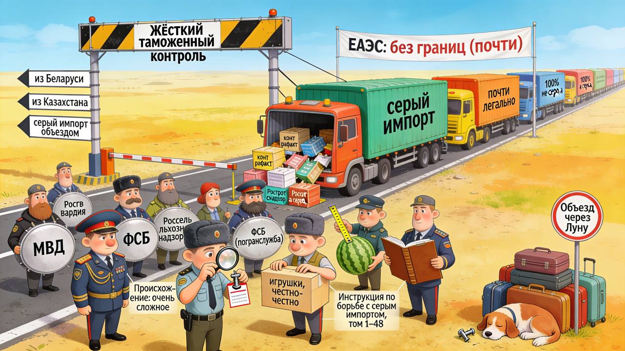 Россия резко усиливает таможенный контроль на границе с Белоруссией и Казахстаном Вводится постоянный жесткий досмотр грузов в первую очередь для борьбы с серым и контрафактным импортом из стран ЕАЭС Важно Контроль станет постоянным а не от случая к случаю Удар по серому импорту и товарам которые создают несправедливую конкуренцию российским производителям Усилят работу мобильных групп на границе с Белоруссией и Казахстаном будут внимательнее проверять как ввоз так и транзит В проверках участвуют сразу несколько ведомств МВД Росгвардия Погранслужба ФСБ Россельхознадзор Роспотребнадзор Ространснадзор Органы госконтроля и Росаккредитация получили право приостанавливать сертификаты и декларации выданные в других странах ЕАЭС если есть сомнения в легальности товаров Для бизнеса и логистов это означает больше проверок дольше прохождение границы выше риски для любых серых схем и формального реэкспорта через соседние страны