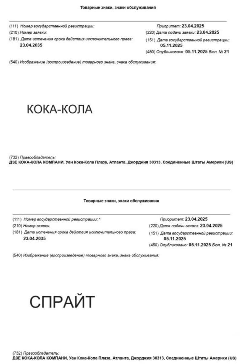 Ушедшая из России Coca Cola оформила товарный знак Кока Кола в Роспатенте Исключительные права по классу МКТУ 32 безалкогольные напитки действуют до 2035 года Прямой эфир