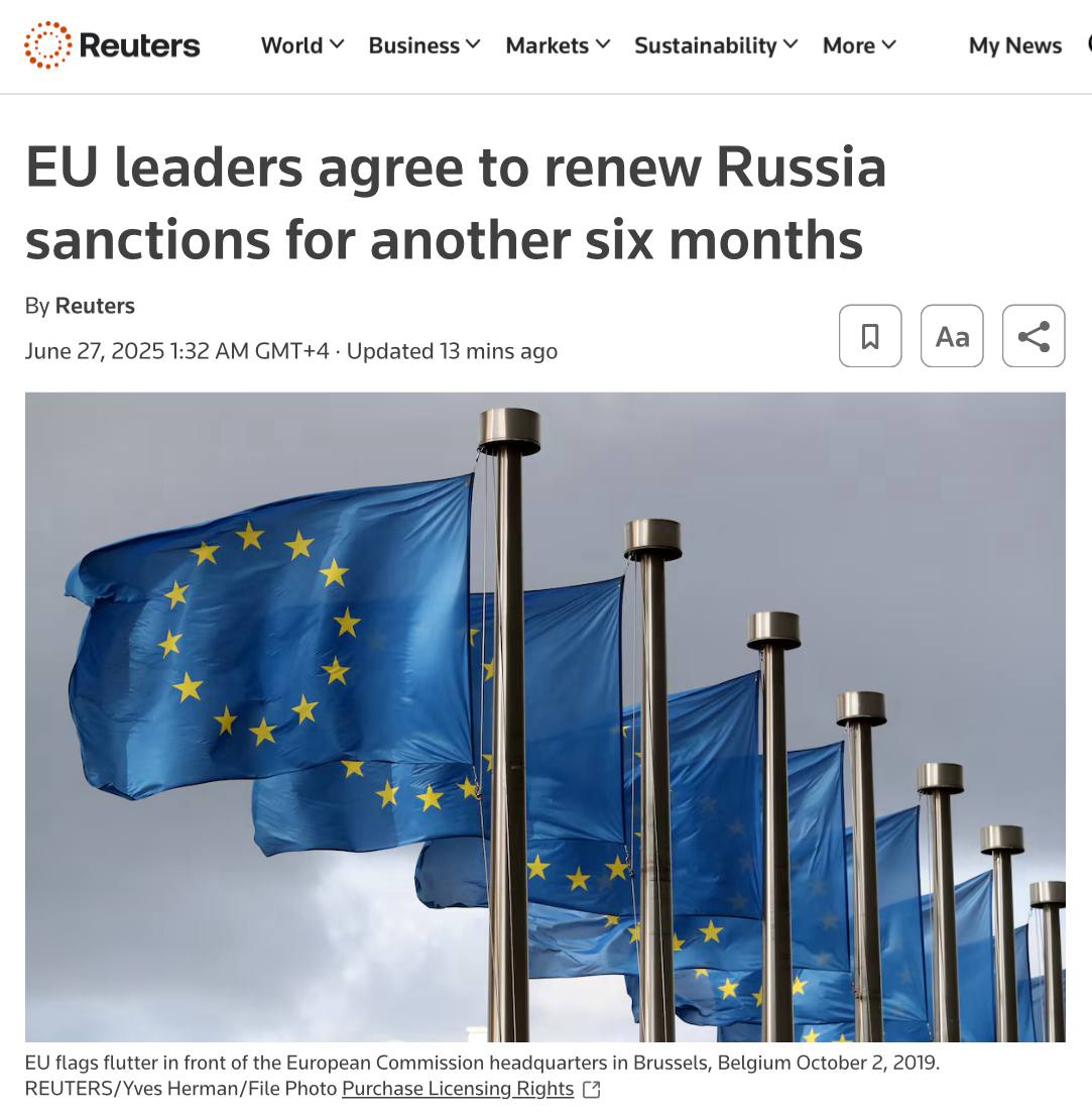 Руководители стран ЕС приняли решение продлить санкции в отношении России еще на полгода, — сообщает Reuters.