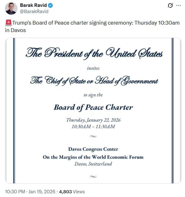 Журналист Axios Барак Равид утверждает что церемония подписания устава Совета мира по Газе пройдет в четверг в 12 30 мск на полях Всемирного экономического форума в швейцарском Давосе