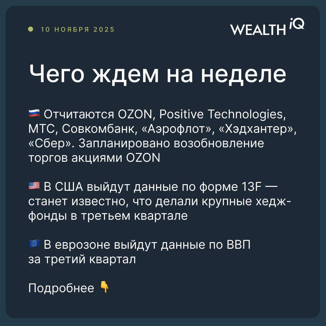 Доброе утро На этой неделе корпоративная отчетность в России данные хедж фондов в США возобновление торгов акциями OZON Россия инфляция ВВП и корпоративная отчетность На этой неделе свои финансовые результаты за третий квартал текущего года представят OZON Positive Technologies МТС Совкомбанк Аэрофлот Хэдхантер и другие Сбер опубликует результаты по РПБУ за октябрь На вторник запланировано возобновление торгов акциями OZON после завершения редомициляции компании в Россию В среду Росстат опубликует данные по инфляции с 6 по 10 ноября а в пятницу сообщит оценку по инфляции за октябрь и ВВП за третий квартал 2025 года США данные хедж фондов и корпоративная отчетность В пятницу в США выходят данные по форме 13F станет известно что делали крупные хедж фонды в третьем квартале какие акции покупали а какие продавали На прошлой неделе рынок уже штормило после того как Майкл Бьюрри анонсировал свою ставку против NVIDIA и Palantir Сезон отчетности в США продолжается свежие цифры на этой неделе представят 11 компаний из S P 500 Самые заметные Disney и Cisco Еврозона в пятницу выйдут данные по ВВП за третий квартал НеделяНачинается wealth iqs