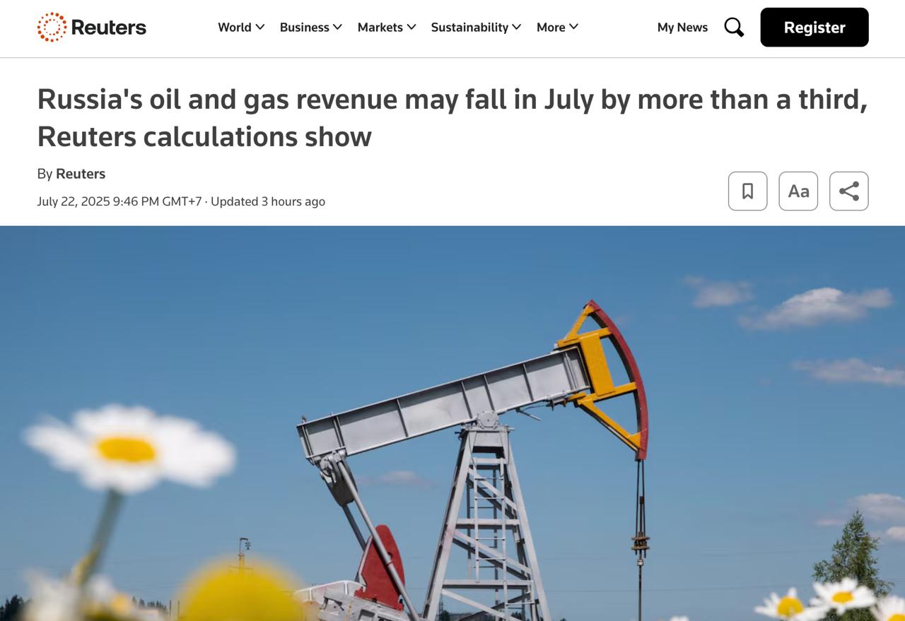 Доходы российского бюджета от продажи нефти упадут более чем на треть в этом году По расчетам экспертов, доходы России от нефти и газа в июле 2025 года сократятся примерно на 37% по сравнению с июлем 2024 года, до ₽680 млрд. Это произойдет из-за крепкого рубля и падения цен на нефть на мировом рынке. При этом для России нефтегазовые доходы — это важнейший источник поступлений. Эта статья доходв составляет четверть всего федерального бюджета. Reuters