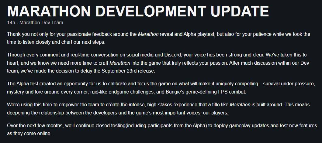 Новый Concord отменяется: Marathon перенесён на неопределённый срок Bungie хотят допилить свой шутан: Альфа помогла нам сфокусироваться на том, за что вы цените Marathon: напряжённое выживание, лор на каждом шагу, рейдовые активности и фирменная боёвка. Сейчас мы даём команде время превратить всё это в по-настоящему уникальный опыт. Новая дата не названа. Учитывая рабочую этику Bungie, то провал уже не за горами
