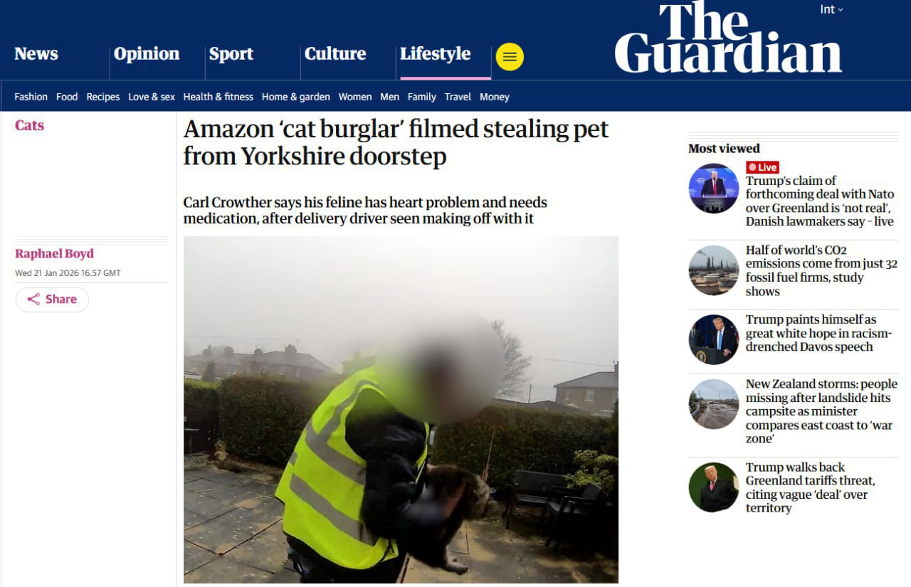 Курьер Amazon украл кошку прямо с порога но она вернулась В Западном Йоркшире курьер доставив посылку несколько минут ждал у дома затем схватил 11 летнюю кошку Нору и скрылся Её хозяин 53 летний Карл Кроутер был в ужасе у питомца серьёзное заболевание сердца без лекарств она могла погибнуть История быстро облетела СМИ и соцсети Amazon проверила записи с камер в фургоне курьера и выяснила что водитель позже высадил кошку Добрые люди подобрали Нору и она благополучно вернулась домой Полиция начала расследование Amazon обещает меры против курьера Подпишись на primulinmd