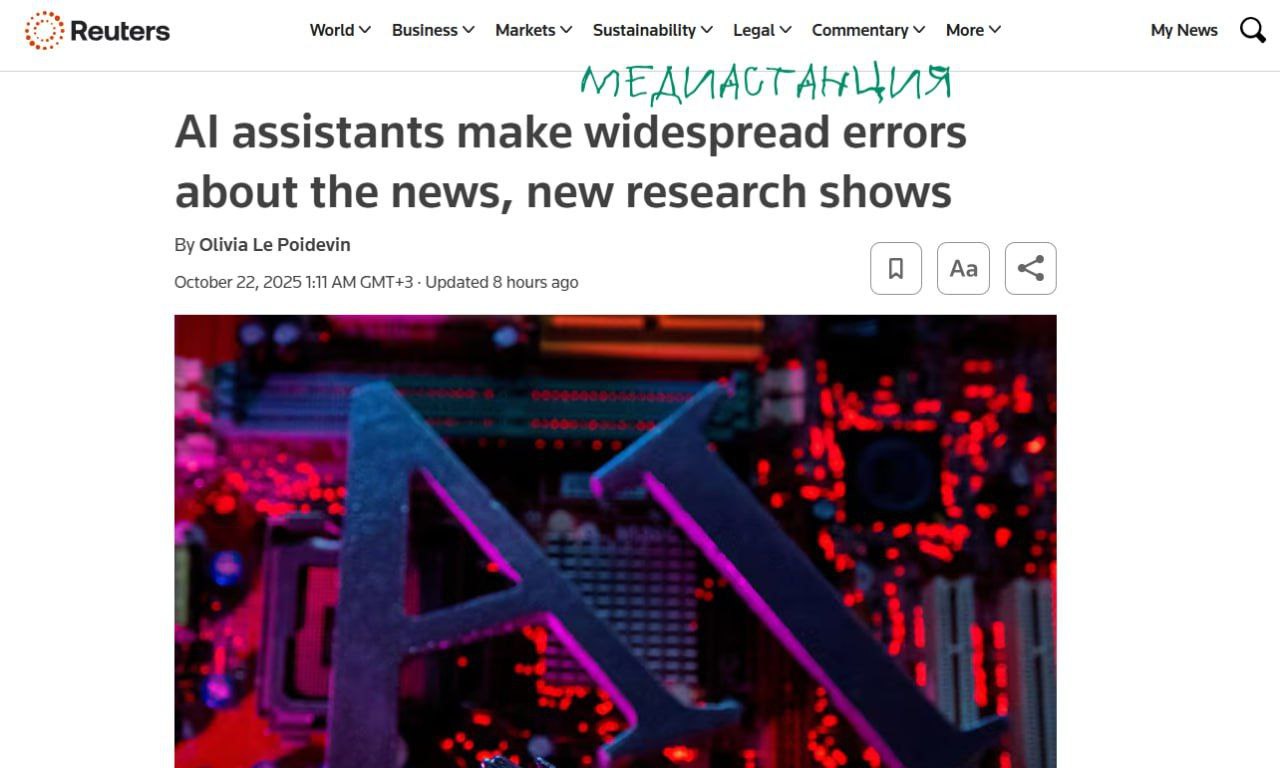 Европейский вещательный союз и BBC провели масштабное исследование точности ИИ ассистентов при ответах на новостные запросы Результаты оказались не очень 45 ответов содержат серьезные ошибки 81 отдельные недочеты а треть ссылается на неправильные или несуществующие источники Хуже всех оказался Google Gemini с 72 проблемных ответов Проблема серьезная ведь уже 7 новостной аудитории новостей используют ИИ ассистентов для получения информации а среди молодежи до 25 лет более 15 По крайней мере у западной аудитории появился выбор потреблять контент с манипулятивной повесточкой и сознательными фейками от традиционных СМИ либо читать новости разбавленные ИИ галлюцинациями mediastanciacom