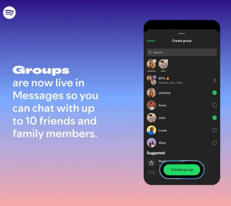 У Spotify появилась функция групповых чатов Теперь пользователи могут создавать группы до 10 человек чтобы обмениваться подкастами плейлистами аудиокнигами и сообщениями ВПШ