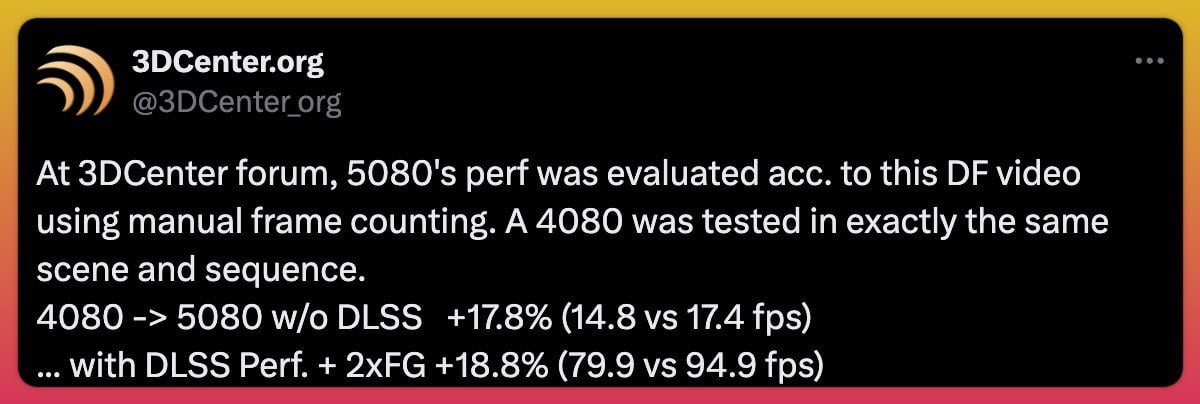 RTX 5080: Прирост производительности на 17% не оправдывает повышение энергопотребления  Недавно Digital Foundry опубликовали видеообзор RTX 5080, а на форуме 3DCenter один из пользователей сравнил показатели этой видеокарты с RTX 4080, провел ручной подсчет частоты кадров.  Без DLSS: RTX 4080: 14,8 FPS RTX 5080: 17,43 FPS Прирост: +17,8%  С DLSS + 2xFG: RTX 4080: 79,9 FPS RTX 5080: 94,93 FPS Прирост: +18,8%  Тесты проводились в игре Cyberpunk 2077 при одинаковых настройках и драйверах GeForce Game Ready 566.45. Несмотря на улучшение производительности, разница между картами незначительна, особенно с учетом повышения энергопотребления RTX 5080 до 360 Вт против 320 Вт у RTX 4080. Пользователи также отмечают, что драйверы для RTX 5080 могут быть еще не оптимизированы.