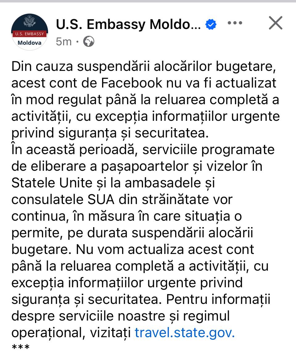 Посольство США в Кишинёве объявило что страница посольства в Facebook не будет своевременно обновляться из за сокращения финансирования Запрещен в России принадлежит корпорации Meta признанной в РФ экстремистской rusputnikmd 2