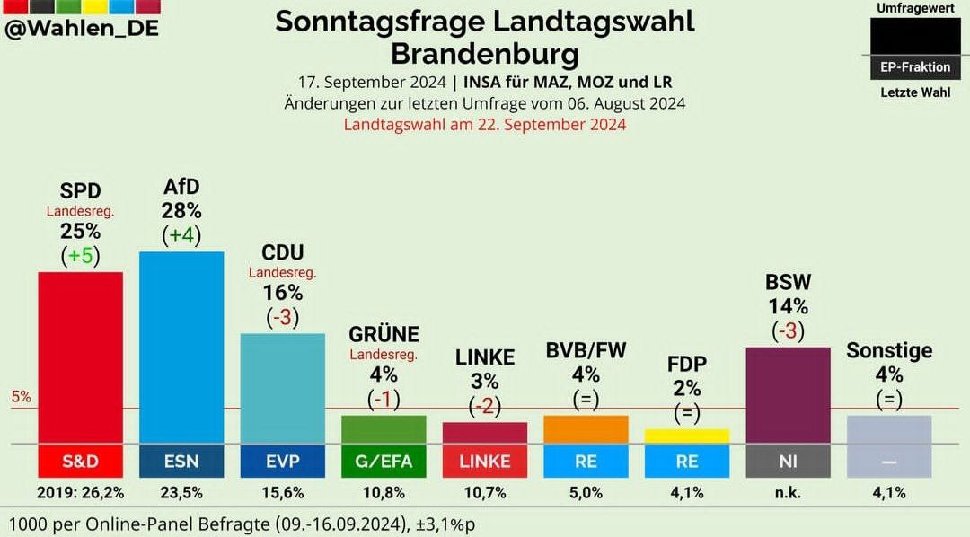 Выборы в Бранденбурге приобретают черты дуэли СДПГ с АдГ. Обе партии мобилизуют вокруг себя мейнстримовый и оппозиционный электорат соответственно. В ХДС не стесняются поддерживать социал-демократов, а протестный избиратель счёл "Альтернативу" последовательнее ССВ.