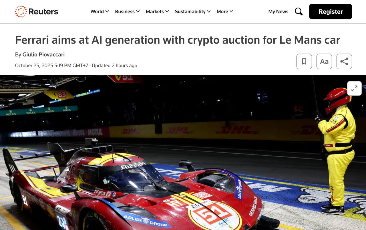 Компания Ferrari выходит на криптовалютные рынки Ferrari выпустит цифровой токен Ferrari 499P совместно с финтех стартапом Conio к 2027 году Монета будет предназначена для ставок на аукционе На торги будет выставлен гоночный автомобиль Ferrari 499P на котором выиграли три гонки 24 часа Ле Мана До этого Ferrari начала принимать биткойны и другие криптовалюты при покупке ее автомобилей Таким образом компания пытается привлечь интерес молодых бизнесменов из хайтек сферы Reuters finlock