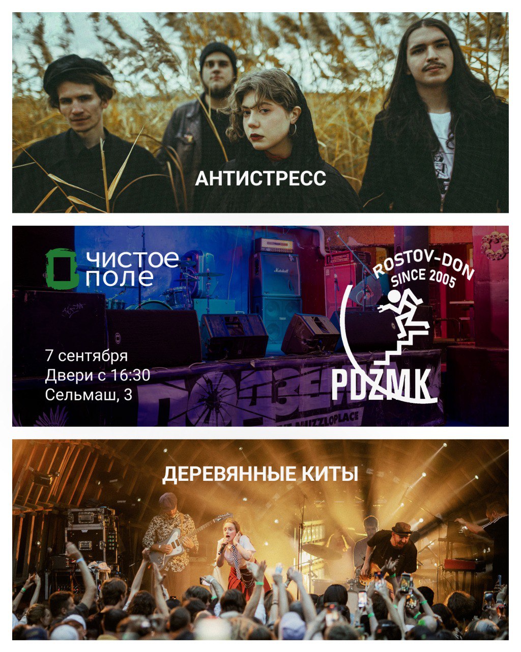 В Ростове 7 сентября выступит московская инди группа Деревянные Киты Концерт пройдет в Подземке в рамках третьего южного фестиваля искусств Чистое Поле Двери откроются в 16 30 Деревянные Киты обратили на себя внимание во второй половине десятых и стали заметной группой новой русской волны Критики охарактеризовали их музыку как сказочный северный шугейз Компанию Китам составит Антистресс группа из Ростова на Дону обожающая музыкальную эклектику и эксперименты В музыке сочетаются сёрф рок гаражный рок госпел фольклорные мотивы синт поп Барабаны овеянные панковской волной 70 х фанковые гитары чарующий женский вокал этот микс заставляет двигаться тело и умиротворяет душу Подробности и билеты