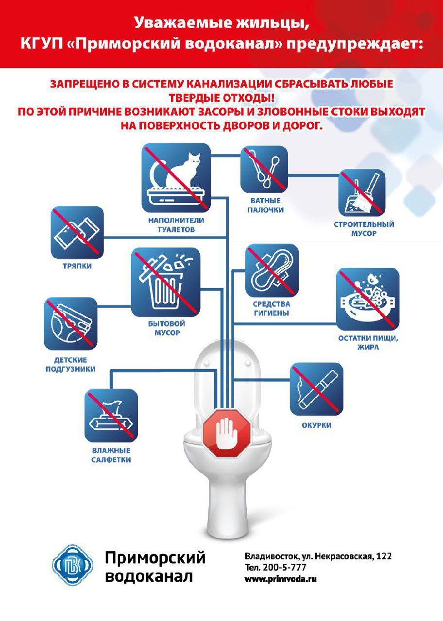 Несмотря на современную технику и многолетний опыт работы специалистов «Горканализации» ситуация с засорами на линии канализации города приобретает катастрофический характер.  Засоры являются причиной 99% аварийных ситуаций. За прошедший год специалистами во Владивостокском городском округе было устранено более 9000 засоров. На сегодняшний день эта цифра уже более 7000, хотя до окончания года еще далеко.  Засоры возникают по причине сбросов в сливы квартир твердого бытового мусора, который накапливается и создает пробку. В результате стоки выходят из системы и разливаются по территории.   Уважаемы жители многоквартирных домов! Соблюдайте, пожалуйста, культуру пользования бытовой канализации!  Источник: Приморский водоканал.