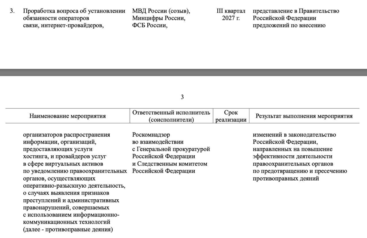 Правительство заставит операторов связи и платформы следить за пользователями Правительство собирается обязать операторов связи хостинг провайдеров и платформы из реестра Организаторов распространения информации уведомлять власти о правонарушениях совершаемых их пользователями Это следует из плана кабмина опубликованного в среду Таким образом власти могут переложить на частный бизнес слежку за пользователями и проведение оперативно разыскных мероприятий считают эксперты опрошенные Агентством Это может активизировать использование репрессивных норм законодательства которые до этого массово не применялись Детали План мероприятий по реализации Концепции государственной системы противодействия противоправным деяниям совершаемым с использованием информационно коммуникационных технологий премьер Михаил Мишустин утвердил 14 августа однако кабмин опубликовал документ только в среду  Согласно плану МВД ФСБ Роскомнадзор Генпрокуратура и Следственный комитет должны проработать вопрос об установлении обязанности уведомлять силовиков об административных и уголовных правонарушениях Делать это должны будут операторы связи провайдеры хостеры платформы в сфере виртуальных активов и ресурсы из реестра Организаторов распространения информации  Предложения о том какие изменения нужно внести в законодательство ведомства должны представить правительству к третьему кварталу 2027 года говорится в плане  Формулировка которую использовало правительство намекает на то что власти собираются заставить операторов связи и платформы следить за пользователями чтобы выявлять преступления сказал Агентству адвокат Первого отдела Евгений Смирнов Фактически речь может идти о переложении на бизнес обязанности по слежке за людьми согласились в проекте На связи  Цитата Как видно из документа власти хотят операторов связи фактически заставить проводить оперативно розыскные мероприятия и сдавать своих клиентов силовикам подчеркнул Смирнов  Чтобы узнать о правонарушении например о мошенничестве платформе возможно придется читать переписку полагает специалист На связи То есть может быть такое что в результате конфиденциальность и анонимность исчезнет вообще отовсюду Иначе как сервис вычислит преступника рассуждает собеседник Агентства  Инициатива может упростить силовикам привлечение граждан за неисполнение репрессивных норм отмечает Смирнов Сейчас существует множество репрессивных норм которые не применяются активно по одной причине требуется множество усилий для выявления правонарушения По его словам это такие нормы как распространение экстремистских материалов 20 29 КоАП сбор сведений составляющих личную и семейную тайну нарушение неприкосновенности частной жизни 137 УК Планируемая правка законодательства также может активизировать применение вступающего в силу с 1 сентября запрета на поиск экстремистских материалов  Оба собеседника Агентства при этом оговариваются что пока закон не написан и поэтому нельзя говорить наверняка о том что в нем будет Контекст Понятие Организаторов распространения информации ОРИ трактуется российскими властями широко и включает в себя фактически любые сайты где есть возможность вести коммуникацию с администраторами этих медиа пишет Роскомсвобода Это могут быть в том числе мессендждеры соцсети службы доставки такси В реестр входят в том числе Яндекс ВКонтакте HeadHunter Пикабу Некоторые сервисы например Telegram внесены в реестр но отказываются обмениваться с властями информацией  Сейчас ОРИ провайдеры и операторы связи уже должны хранить данные о пользователях и передавать их силовикам по запросу Подпишитесь на Агентство