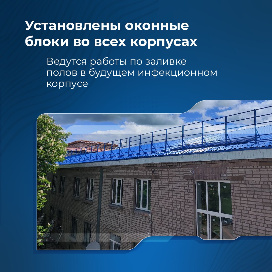 В Брянке завершены работы по капремонту кровли над инфекционным корпусом, детским стационаром и корпусом поликлиники В рамках реализации Специального инфраструктурного проекта специалисты из Брянской области продолжают капремонт бывшего лечебного корпуса детской больницы с перепрофилированием его под инфекционное отделение. Ряд работ уже выполнены, всё идёт согласно графику. В настоящее время строители организации "Данила Мастер" занимаются отделкой фасада и ремонтом внутренних помещений.