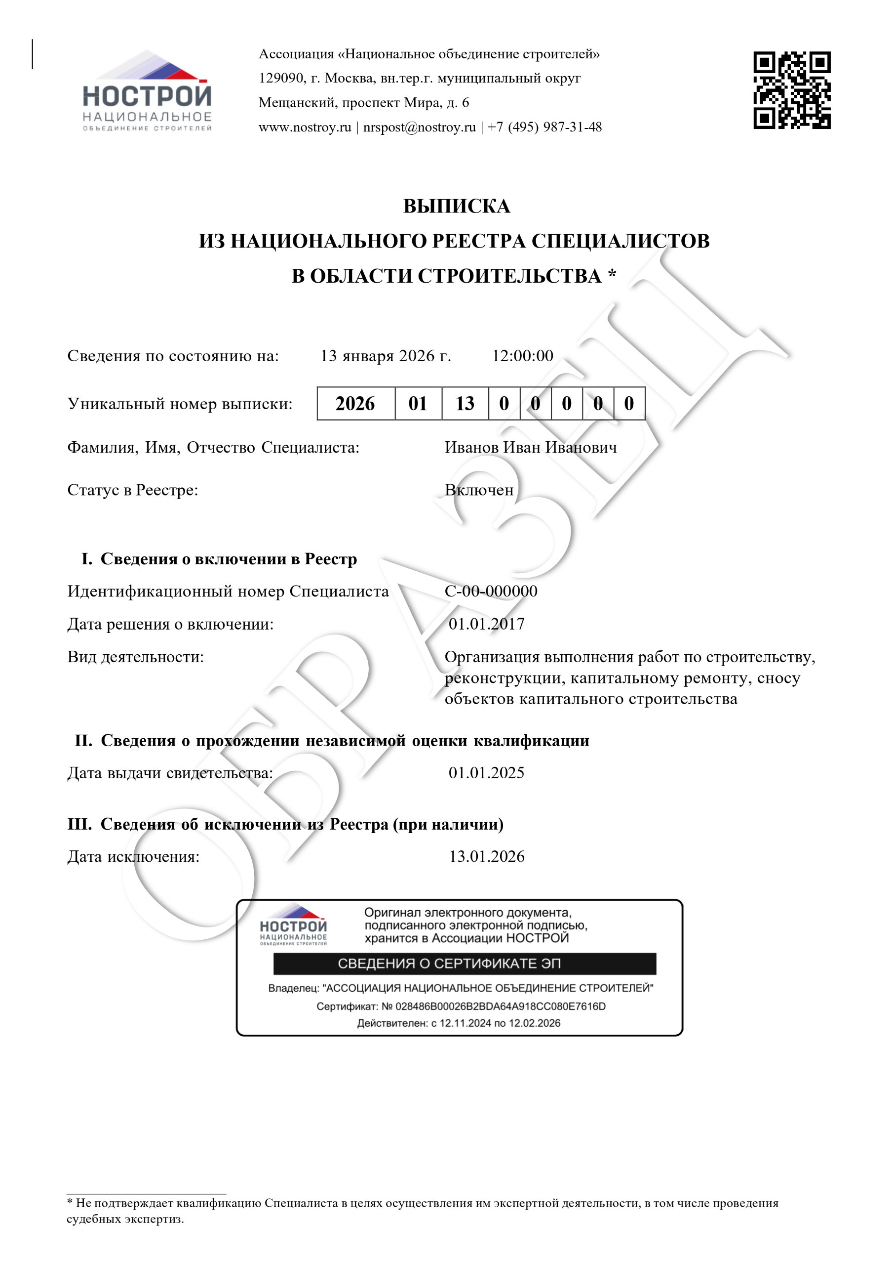 НОСТРОЙ запустил онлайн сервис для получения сведений о квалификации специалистов НОСТРОЙ объявляет о введении в эксплуатацию нового цифрового сервиса Запрос Выписки из НРС Теперь проверить квалификацию инженеров чьи сведения включены в НРС можно всего в один клик Сервис доступен на портале по ссылке   nostroy ru nacreestrspec zapros vypiski iz nrs По экспертным оценкам это важный этап в развитии системы цифрового документооборота и повышения прозрачности строительной отрасли Топ ключевых возможностей и преимуществ сервиса Официальный электронный документ сервис предоставляет возможность получения официальной Выписки из НРС в электронном виде Документ подтверждает актуальный статус специалиста в реестре на конкретную дату и время его формирования Оперативность и актуальность обеспечивается моментальный доступ к актуальным и достоверным сведениям о специалисте включенном в НРС Надежная проверка подлинности подлинность каждой Выписки можно верифицировать двумя современными способами по уникальной интернет ссылке указанной в документе с помощью QR кода Постоянный доступ к электронному образу Выписки и файлу усиленной квалифицированной электронной подписи УКЭП гарантирует возможность проверки подлинности и неизменности документа в любой момент времени Полнота информации Выписка содержит все ключевые данные о специалисте статус в НРС идентификационный номер виды выполняемых работ сведения о прохождении независимой оценки квалификации при наличии а также даты включения и исключения из реестра  Запуск электронного сервиса Запрос Выписки пособствует повышению доверия между участниками строительного процесса оптимизирует процедуры проверки и подтверждения квалификации а также соответствует общей политике цифровизации отрасли Подробнее на сайте НОСТРОЙ НОСТРОЙ в Telegram НОСТРОЙ в ВКонтакте НОСТРОЙ в MAX